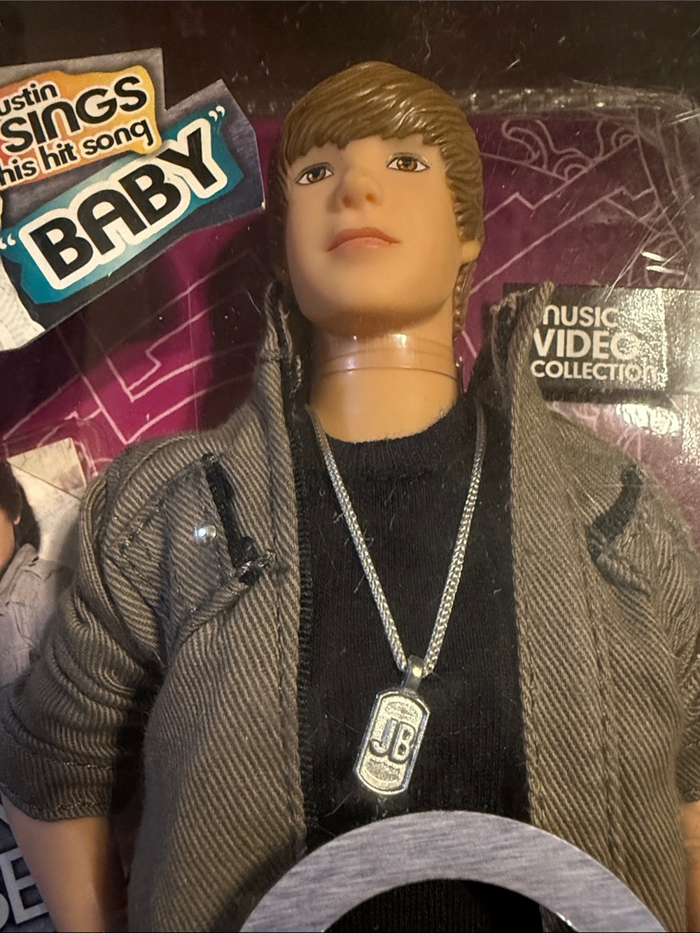 Vintage Justin Bieber Singing Doll in Purple and Black Packaging